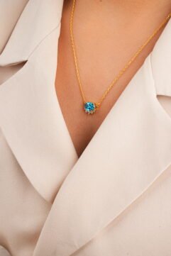 Regal Bloom (Gold with Ice Blue Stone) – 925 Sterling Silver Necklace